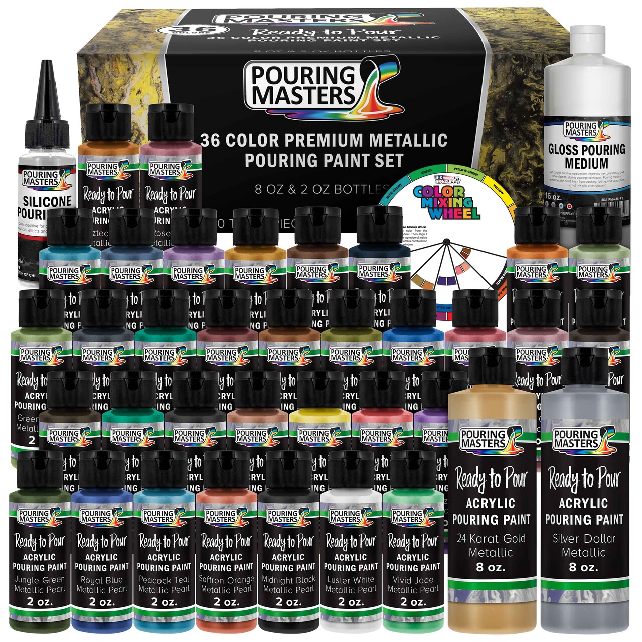 36 Color Metallic Ready to Pour Acrylic Pouring Paint Set, 2oz Bottles, Acrylic Paint Pour Supplies - Silicone Oil & Gloss Medium, Premium Pre-Mixed High Flow 8-Ounce Bottles